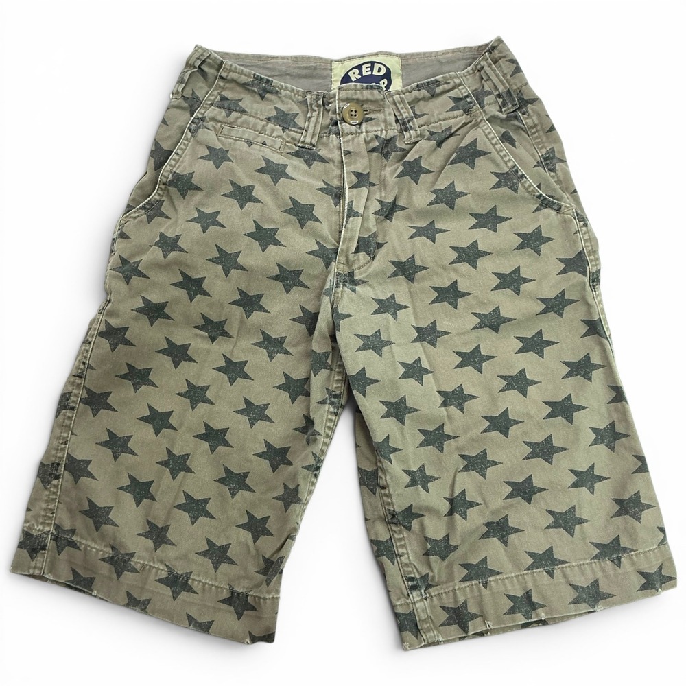 Red Snap Olive Green Star Print Shorts Boys Size 8 Faded Canvas Skater Pockets